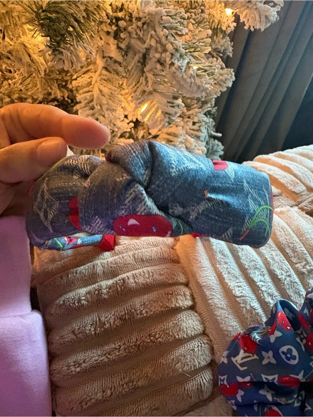 Fashion Blue Cherry Print Kids Headband & Scrunchie Set